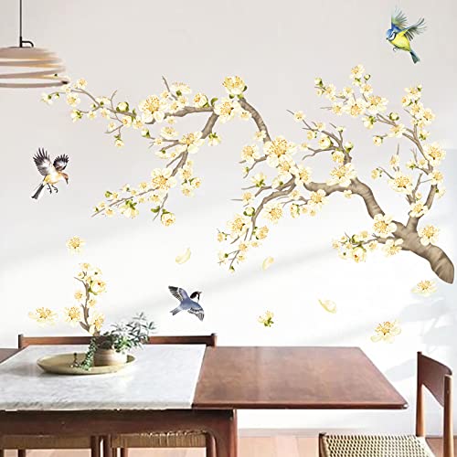Decalmile Flower Branch Wall Stickers Yellow Blossom Pear Flower Birds Wall Decals Kids Bedroom Living Room Window Wall Decor
