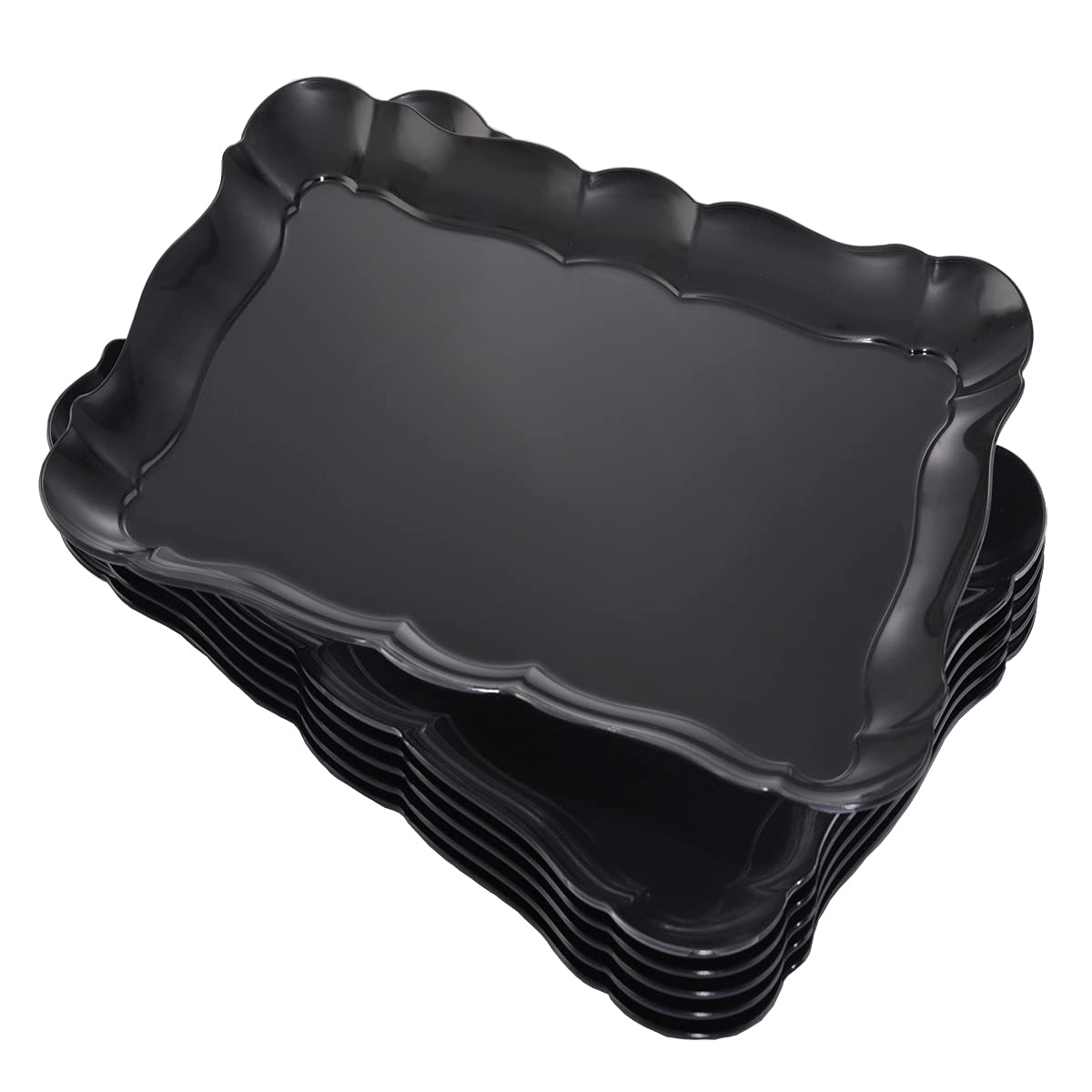 Bbg 6 Pack Black Plastic Food Serving Trays, 15'' X 10'' Halloween Party Platters And Trays, Rectangle Black Plastic Serving Tra