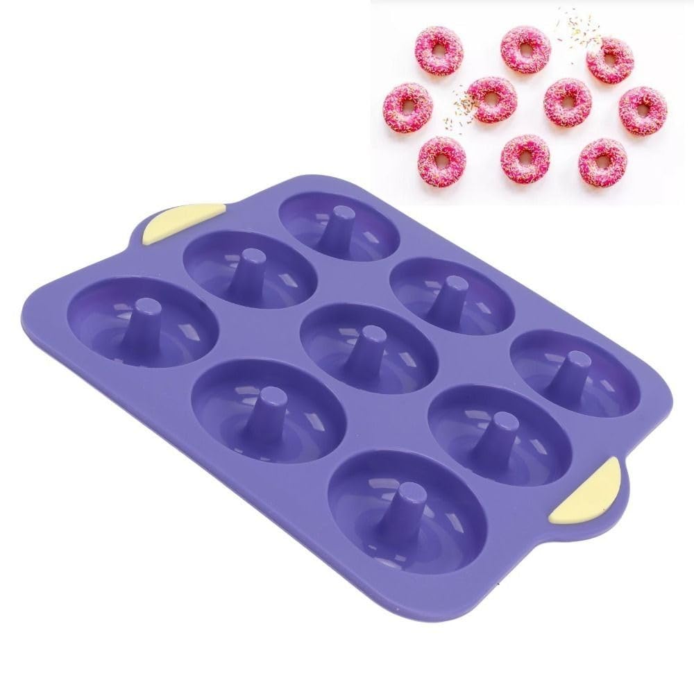Limen Silicone Donut Baking Mould Tray,9Cavity NonStick Ring Cake Pan with Center Posts and Dual Side Handles for Oven Baking 