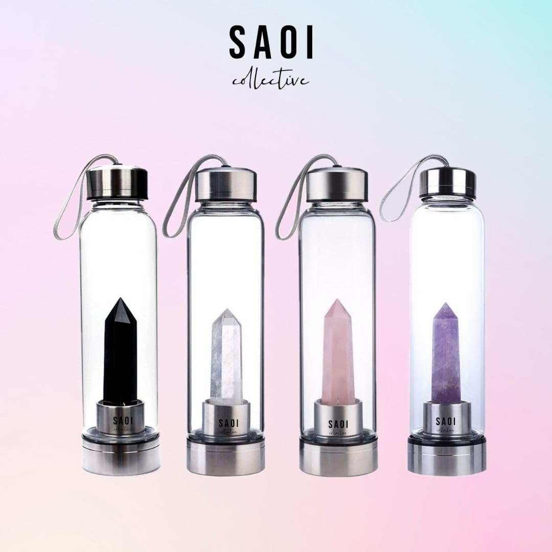 SAOI Crystal Water Bottle - Amethyst - Natural Wellness Healing - Glass/Stainless Steel