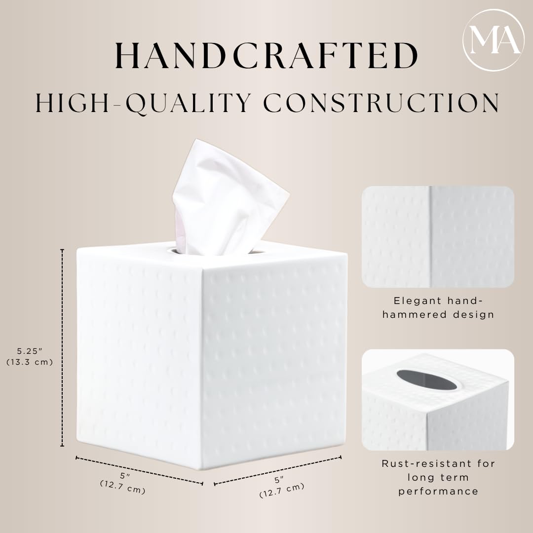Monarch Abode 19027 Hand Hammered Tissue Box Square Cover Holder and Dispenser  Metal Dresser Accessories for Home and Office Bathroom Decor Vanity  Decorative Tissue Box Holder  White