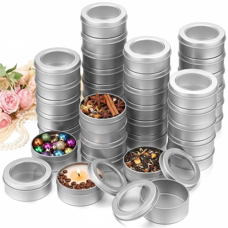 TecUnite 24 Pack 2 Ounce Metal Tin Cans Round Empty Container Salve Tins with Clear Lid for Kitchen, Office, Candles, Candies