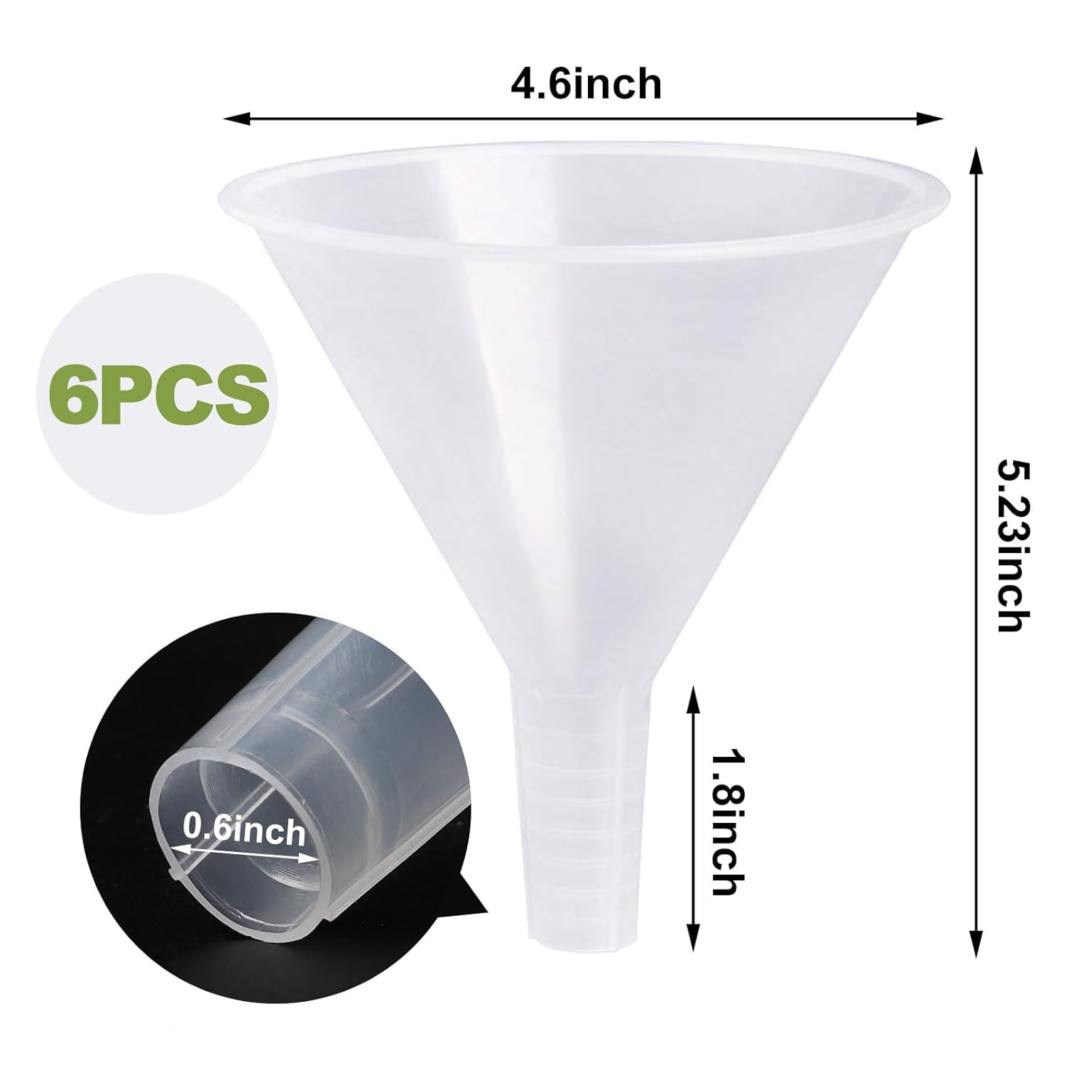 Sbyure 6 Pack Plastic Funnels, 4.6 Inch Multi-Purpose Clear Plastic Funnels With Long Reaching Spout For Science Lab Bottle Fill