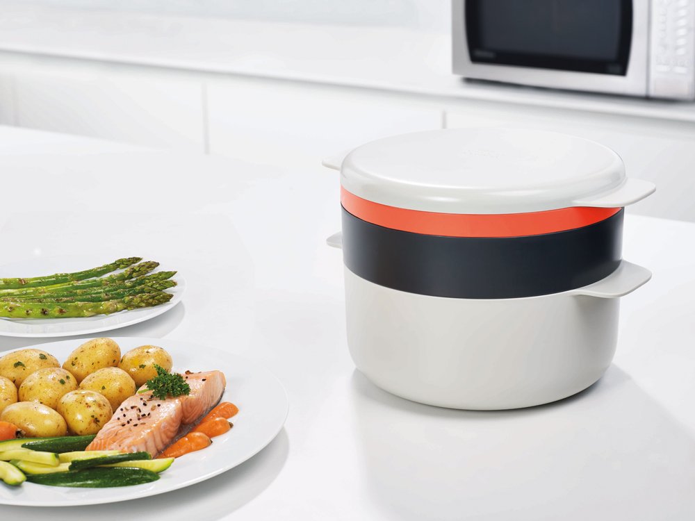 Joseph Joseph M-Cuisine Microwave 4-Piece Stackable Cooking Set  2 liter cooking pot  steamer  griddle and lid  Orange/Beige