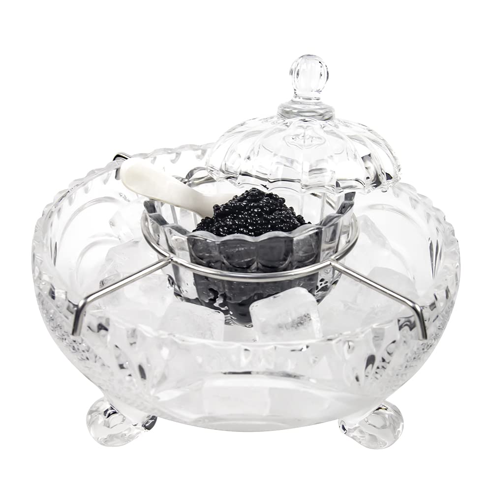 Duebel Caviar Serving Set, 1 Glass Divided Serving Bowl Set Plus 2 Pcs. X Mother Of Pearl Caviar Spoon -Caviar Dish Serving Set,