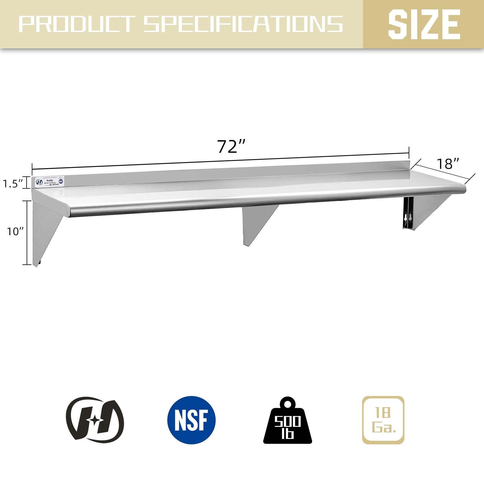 HALLY SINKS & TABLES H Stainless Steel Shelf 18 x 72 Inches  500 lb  Commercial Wall Mount Floating Shelving for Restaurant  Kitchen  Home and Hotel