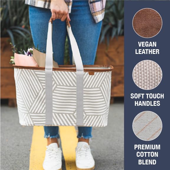 Clevermade Collapsible Luxe Tote, Geometric Taupe - 30L (8 Gal) Structured Tote Bag With Handles And Reinforced Bottom - Reusabl