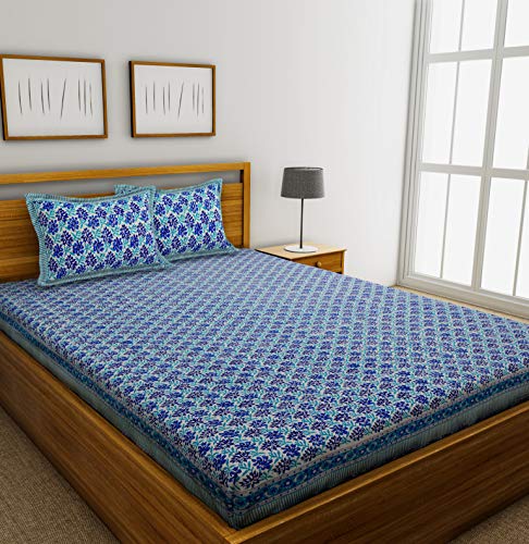 Gk Textiles Jaipuri Hand Block Mughal Bagh Print Cotton 180 Tc King Bedsheet With 2 Pillow Cover (Blue, King)