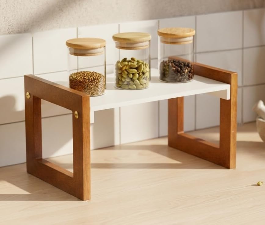 Uhud Crafts Wooden Multipurpose Rack/Storage Shelves For Kitchen Cabinets/Shelf Risers/Utensil Rack/Stackable Counter Top Organi