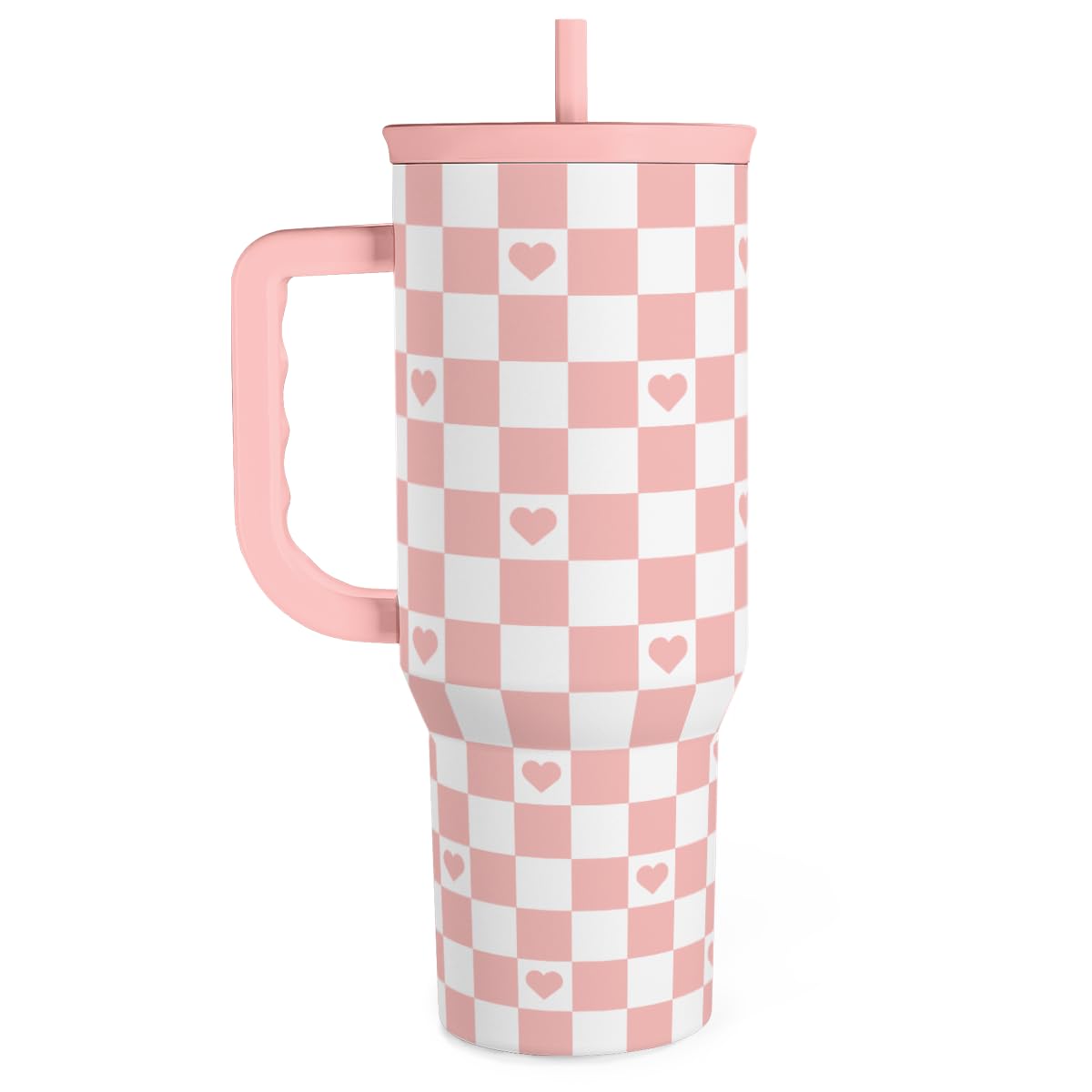 40oz Checkered and Heart Tumbler with Handle and Straw - Insulated Stainless Steel Travel Coffee Mug for Women Girls, Gift for B