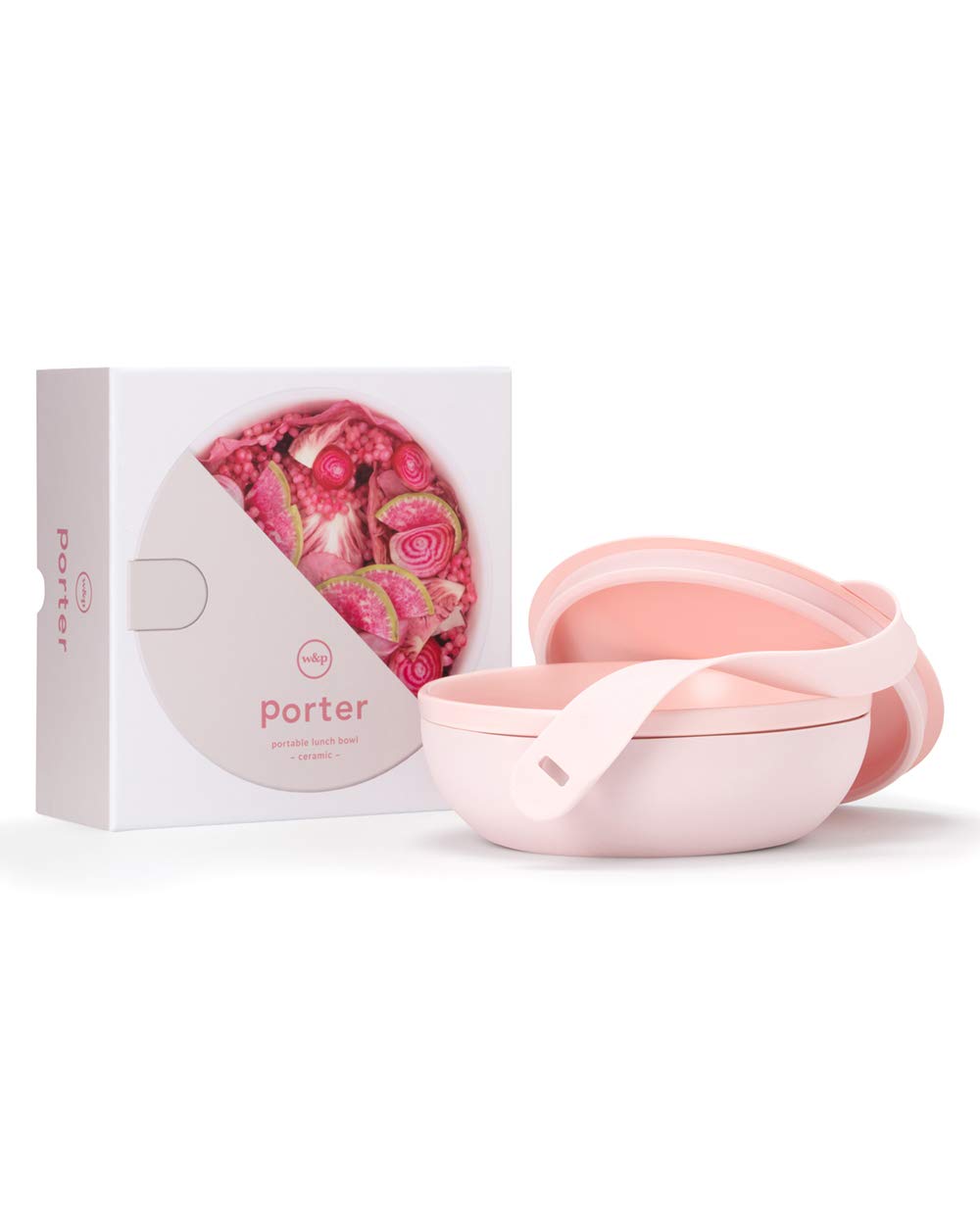 W&P Porter Bowl Lunch Container W/ Protective Non-Slip Exterior, Blush 1 Liter | Lid & Snap-Tight Silicone Strap | Food Storage,