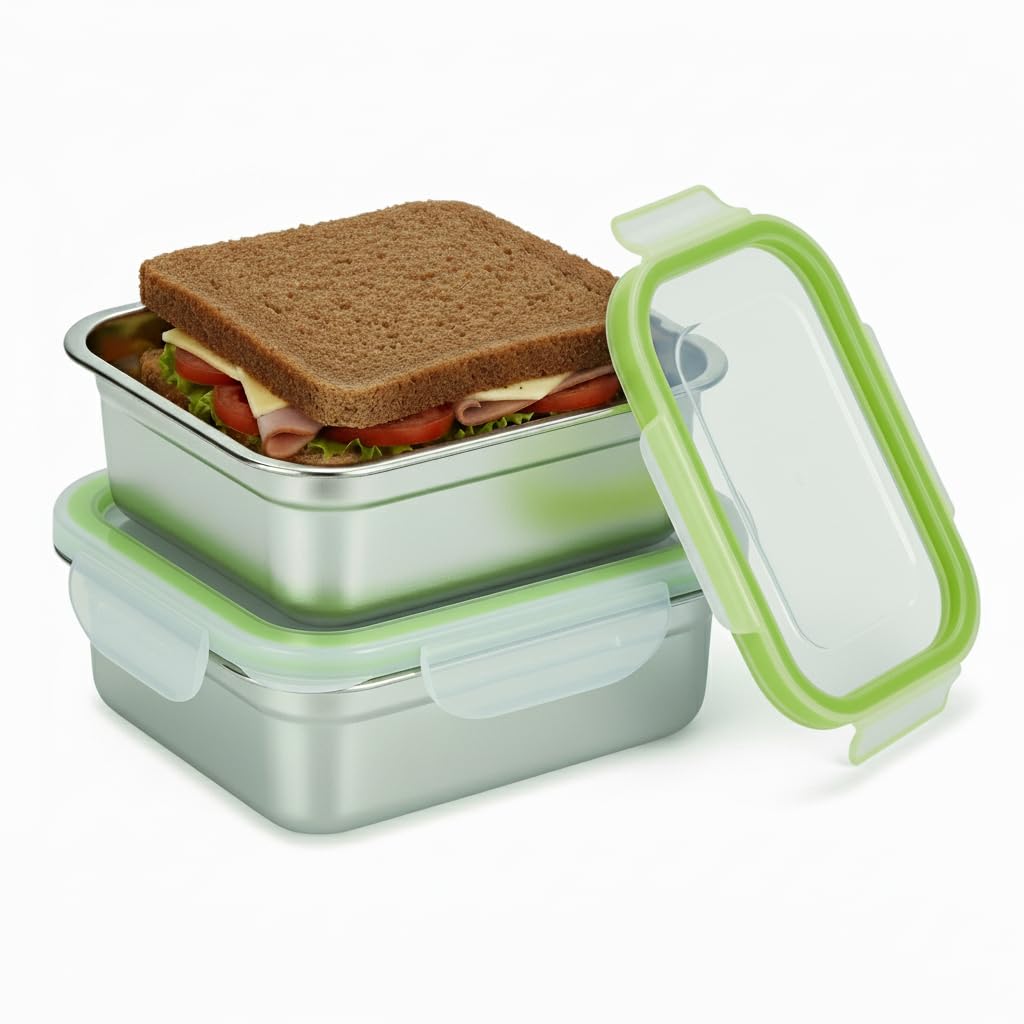 SnapMate - Set of 2 Stainless Steel Sandwich Containers - Food Grade Stainless Steel Metal Base plus a BPA Free, Lock Tight BPA 