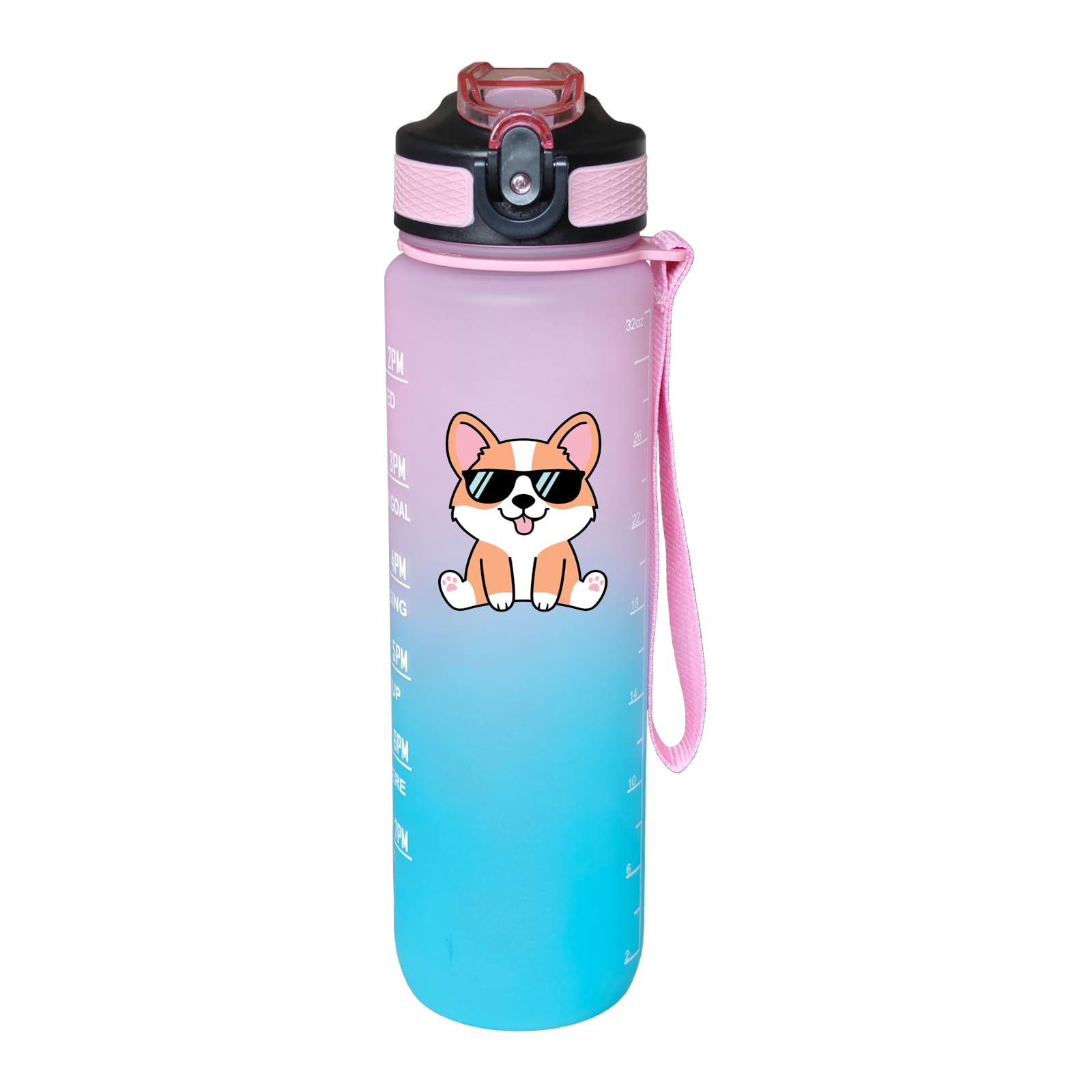 Fenmshairy Cute Corgi Water Bottle 32 Oz  Leakproof BPA Free Sport Water Bottle with Straw & Carry Strap, Motivational Time Mar