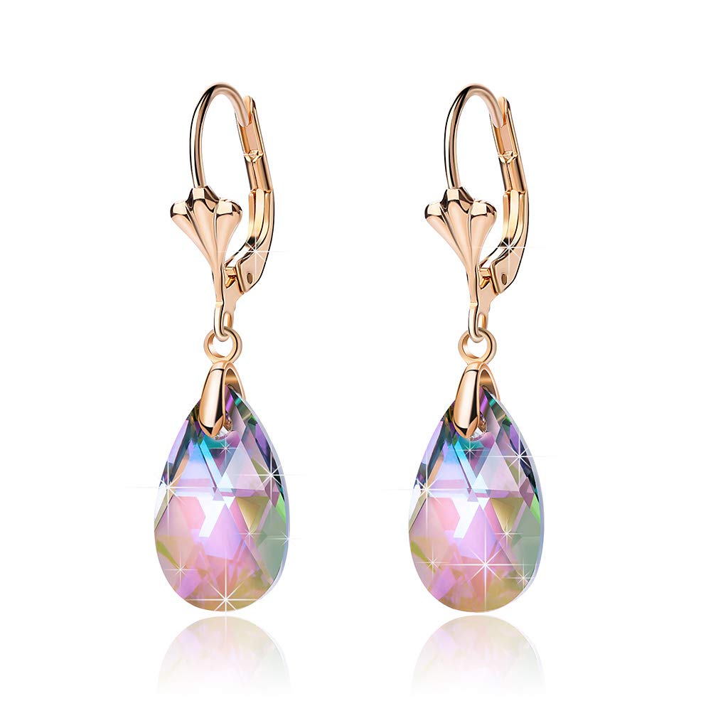 Austrian Crystal Teardrop Leverback Dangle Earrings For Women Fashion 14K Gold Plated Hypoallergenic Jewelry (Rainbow)