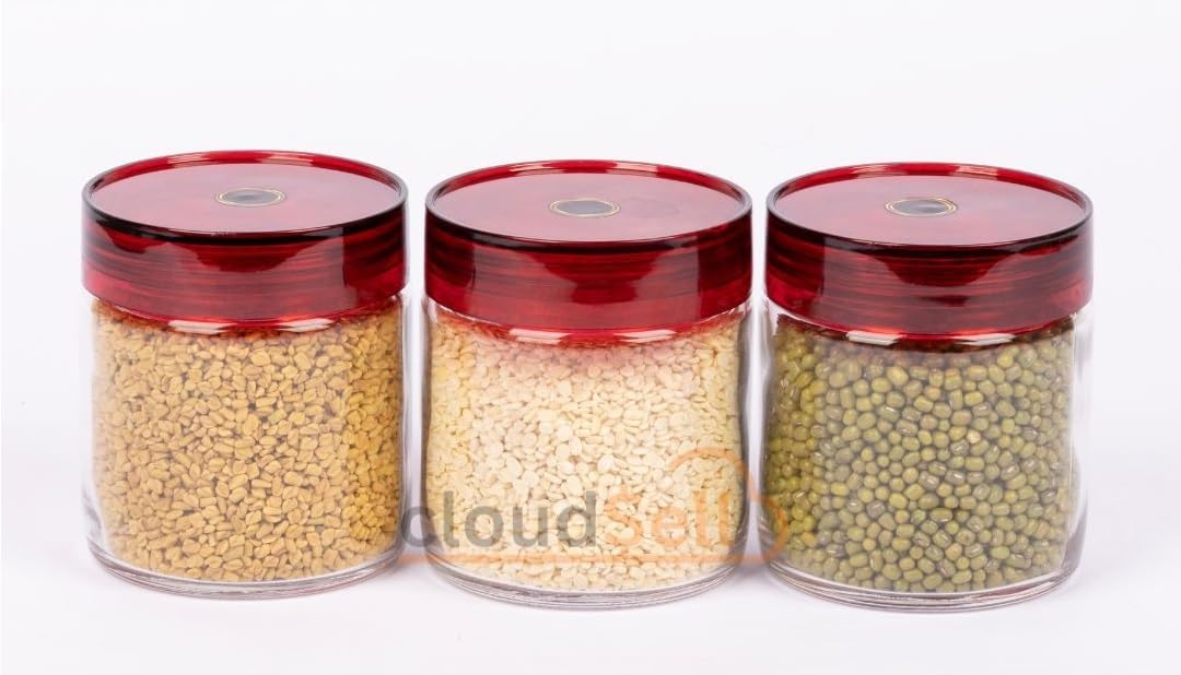 Cilveec Round Kitchen Storage Jars 300Ml Glass Food Storage Containers With Airtight Plastic Lid Round Kitchen Dispenser For Spi