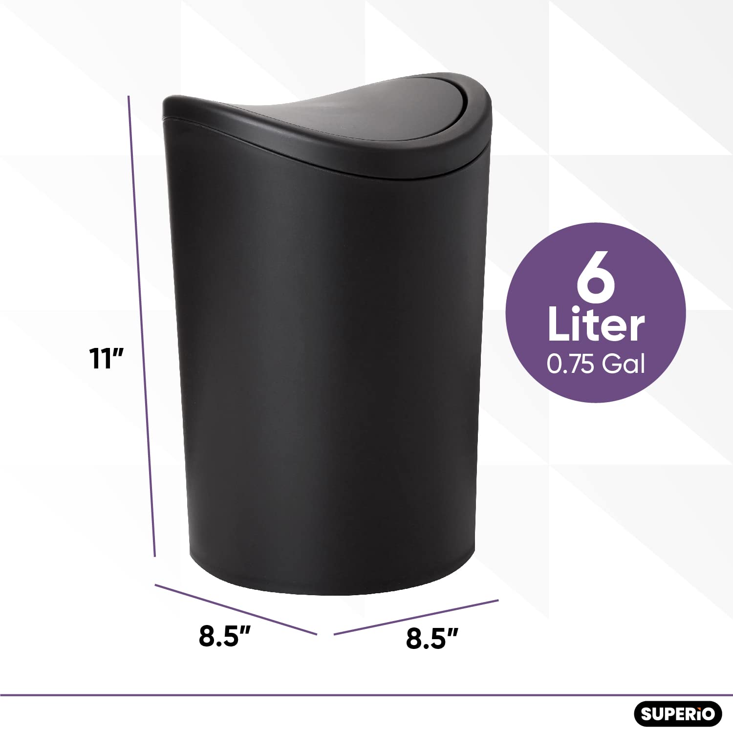 Superio Small Bathroom Trash Can With Lid, Modern Matte Black Mini Waste Bin With Swing Lid (1 1/2 Gallon, 6 Liter) Plastic Garb