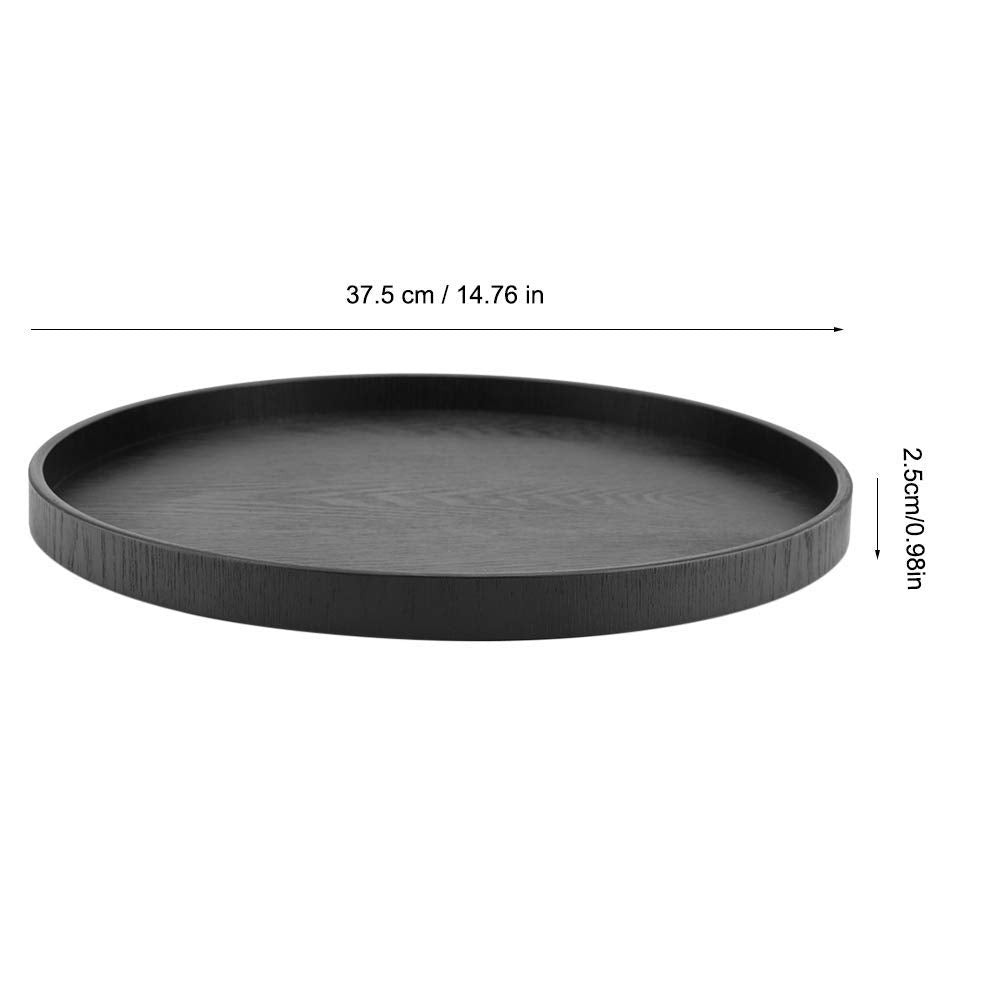 Round Shape Solid Wood Food Meals Serving Tray Tea Coffee Snack Plate Home Kitchen Restaurant Trays 37.5Cm(Black)