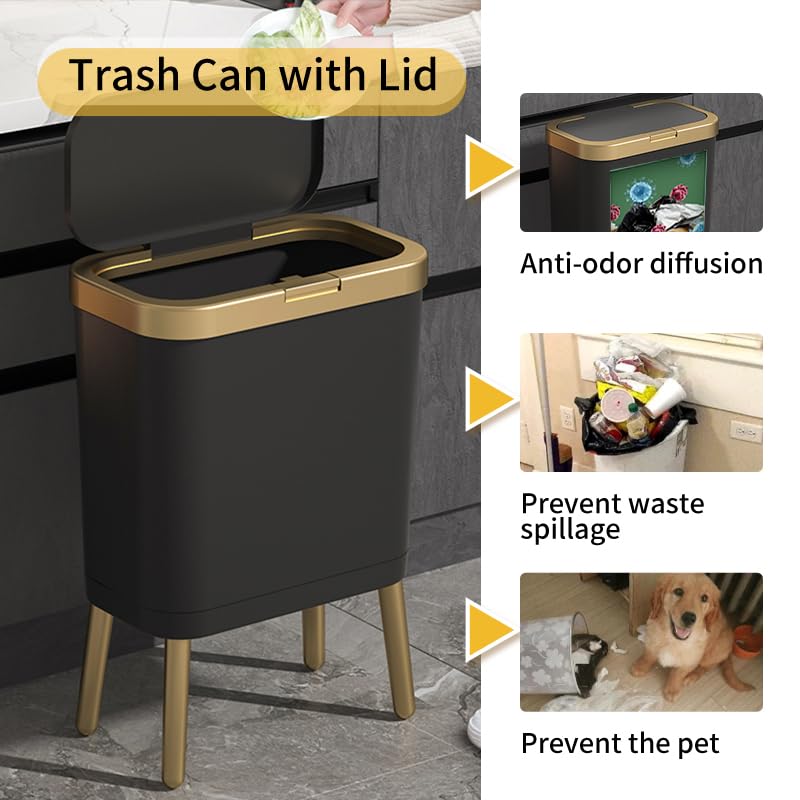 Procade Office Trash Can With Lid, Black Bathroom Trash Can With Gold Edge, Modern Narrow Garbage Can With Legs, Slim Plastic Tr