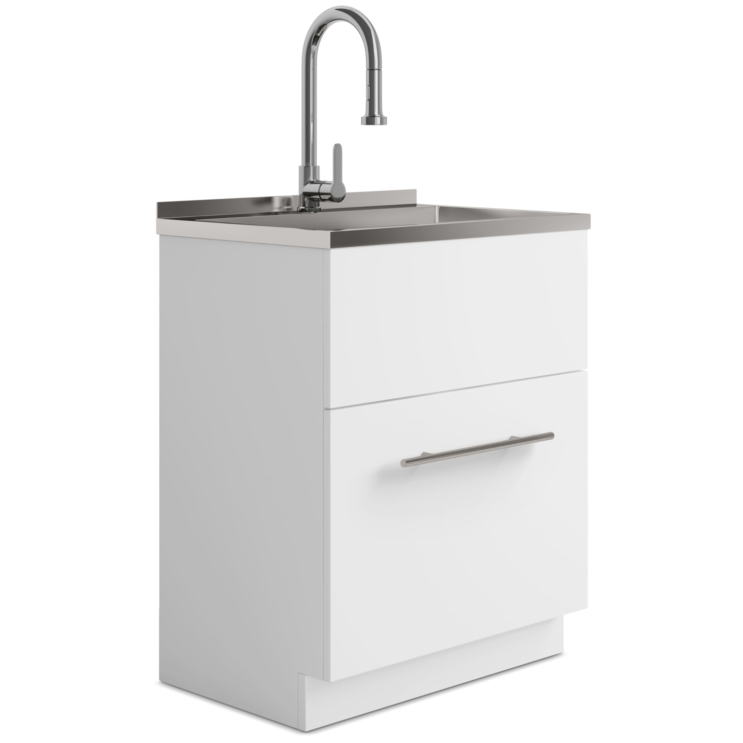 SIMPLIHOME Metro All-in-One 28 inch Wide Utility Sink and Laundry Cabinet in Pure White Finish, Transitional Stainless Steel Sin