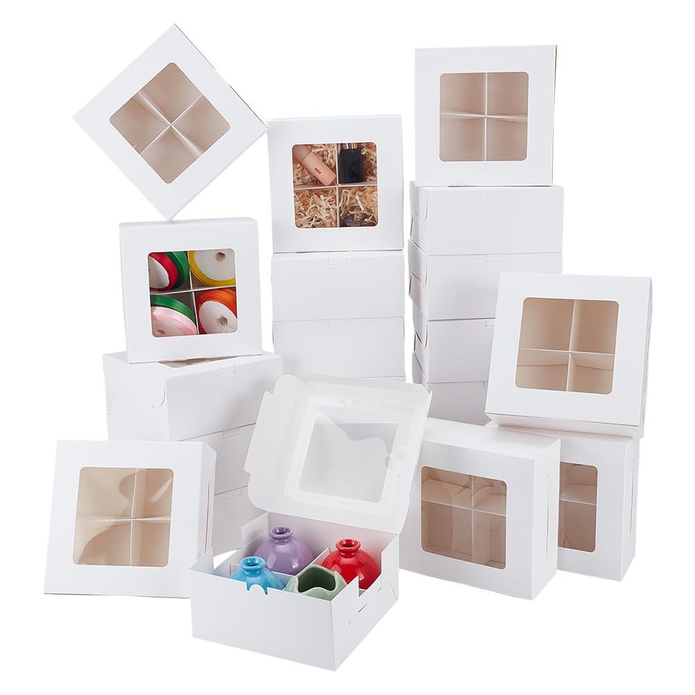 PH PandaHall 24 Pack Treat Boxes 4 Compartments Paper Bakery Containers White Square Cookie Packing with Clear Window and Divide
