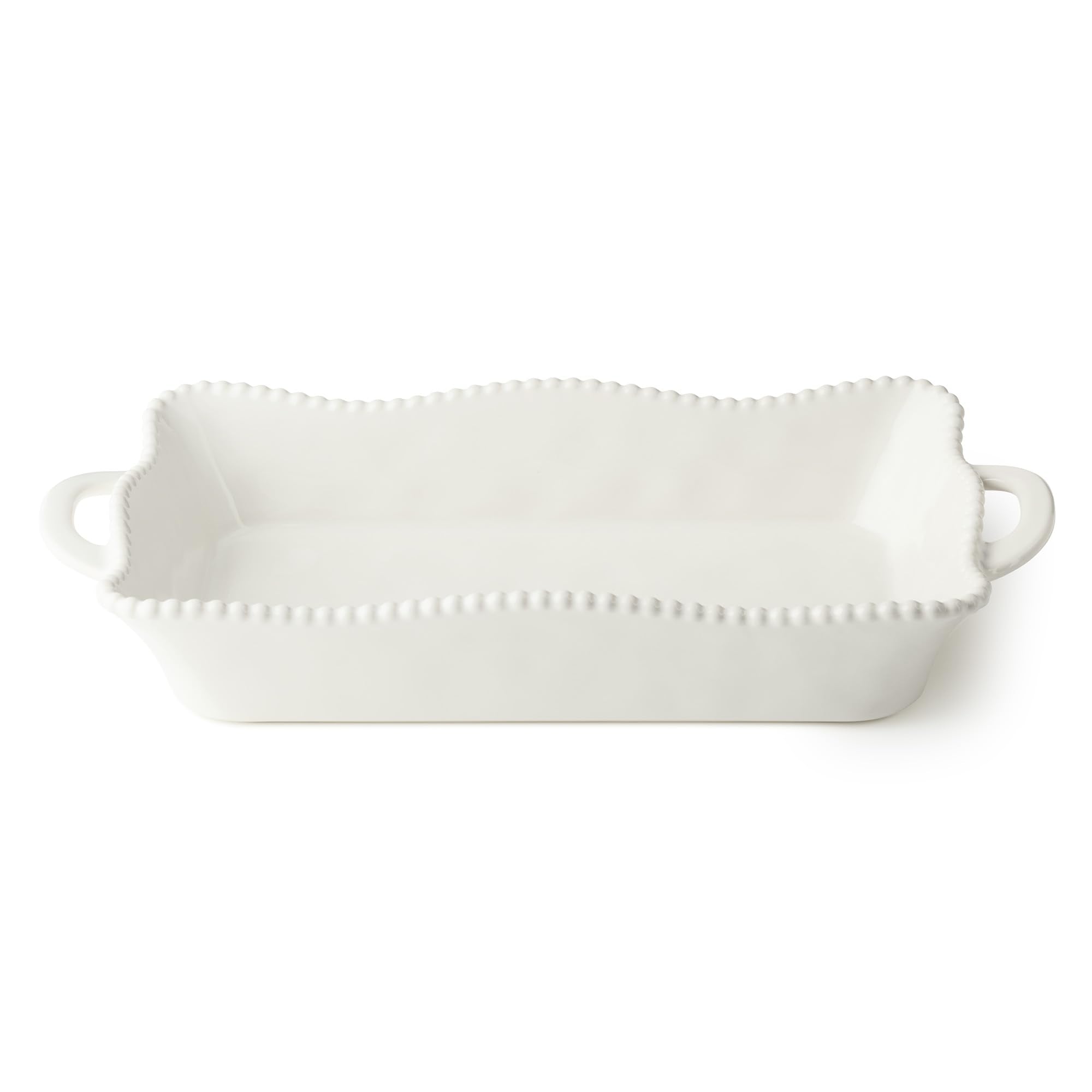 Perlette Cream Medium Rectangular Ceramic Baker  16.25 x 8.5 Inch Elegant Scalloped Stoneware Bakeware with Beaded Rim  Ovent