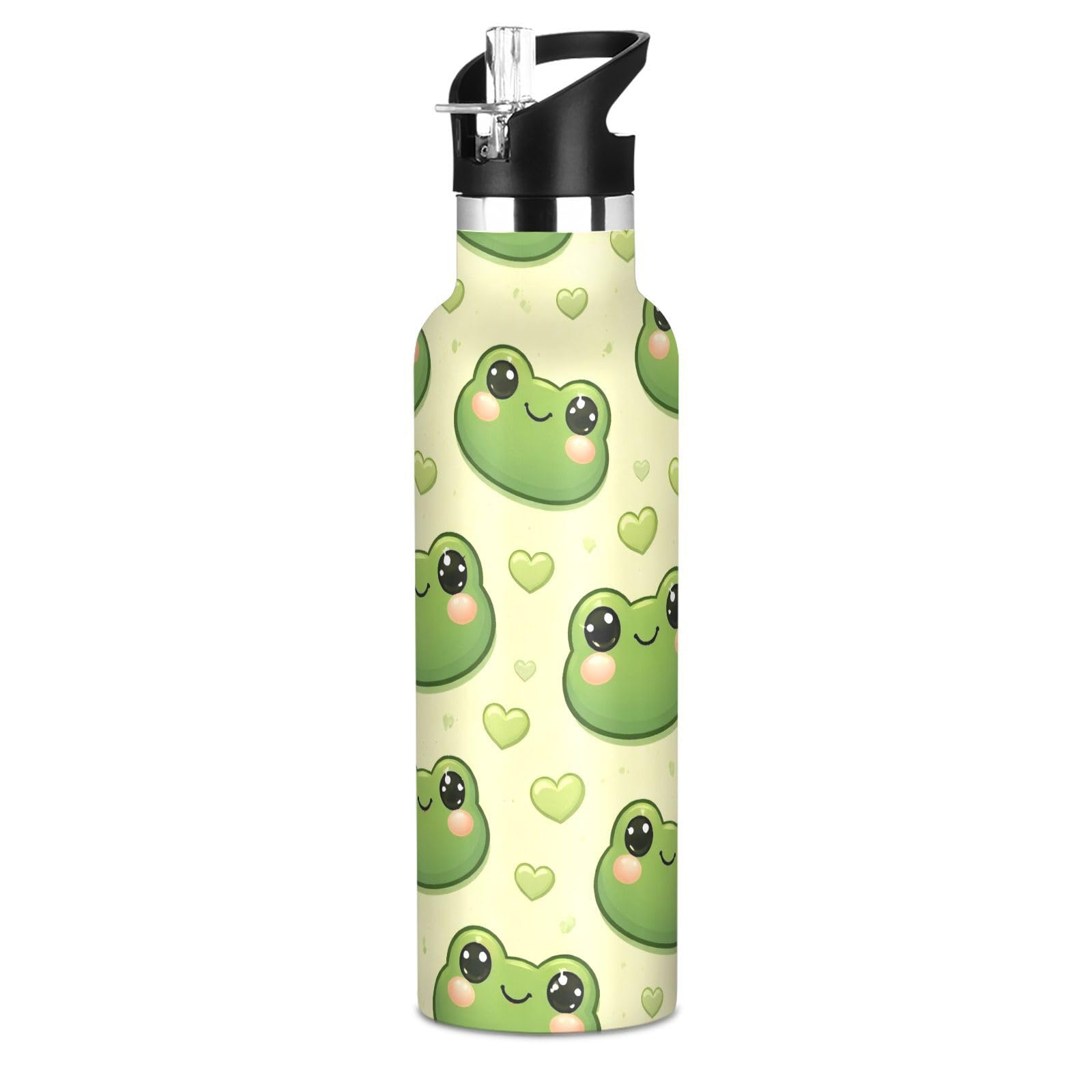 Cute Frog Pattern Kids Insulated Water Bottle with Straw Lid 600ml Stainless Steel Vacuum Sports Water Bottle Leakproof Portable
