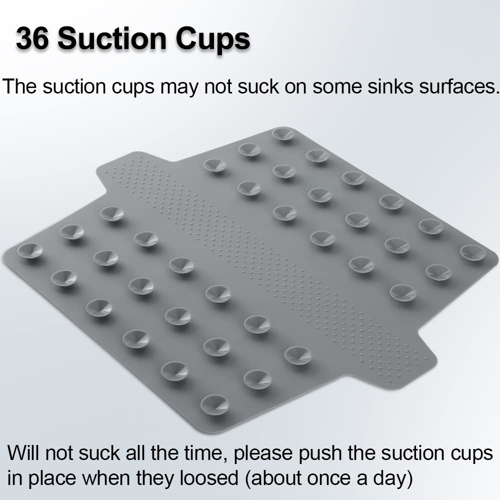 Cukwily Silicone Sink Divider Mat, 12.8” x 11”, 36 Suction Cups, Grey, Ultra Thin, Durable, No Odor, Kitchen Sink Protector, Model C