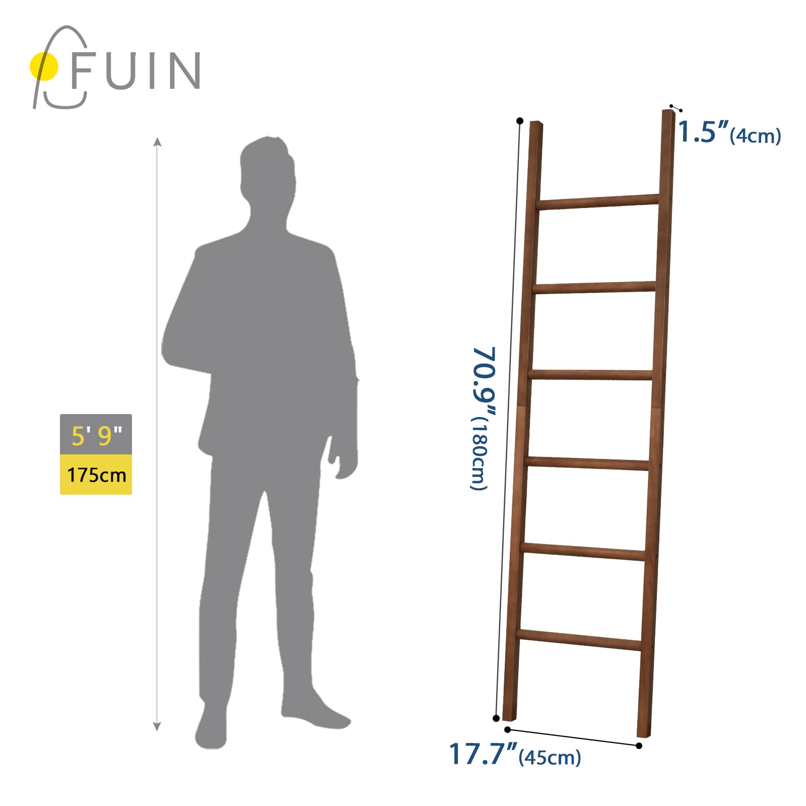 Fuin 6Ft Wooden Brown Blanket Ladder Living Room Decorative Wall Leaning Farmhouse Quilt Display Holder Rustic Wood Towel Rack F