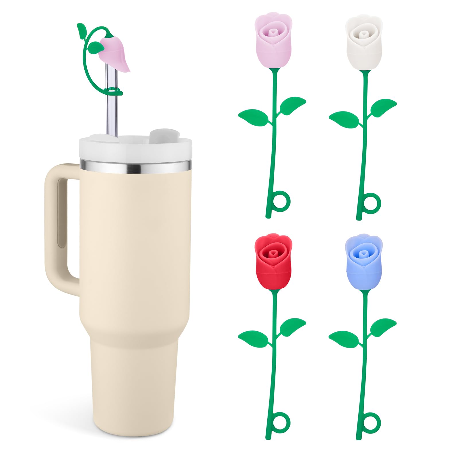 Straw Cover Cap for Stanley Cup, Cute Straw Toppers Compatible with 20 30 40 Oz Tumbler, Cute Silicone Rose Flower, Fit 6 8 10mm