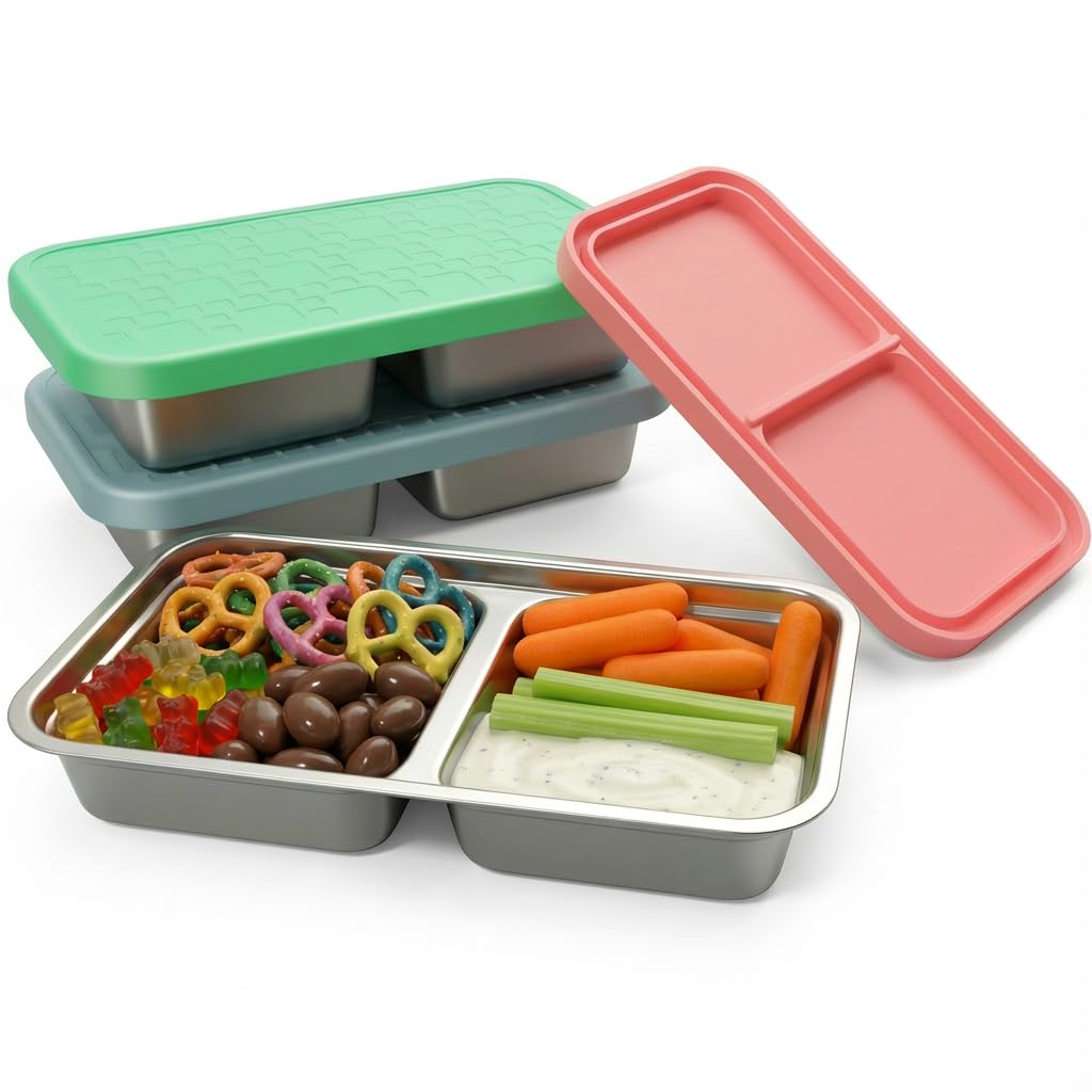 Korythar 3 Pack 15oz Stainless Steel Snack Containers for Kids, Reusable Metal Snack Containers with Silicone lids, Leak Proof 2
