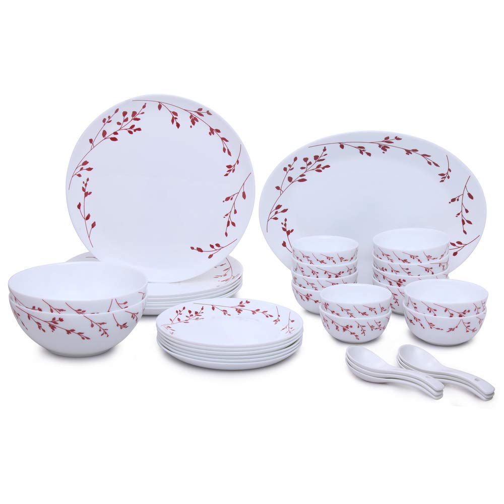 Larah By Borosil  Moon Series, Vintage 33 Pieces Opalware Dinner Set, White