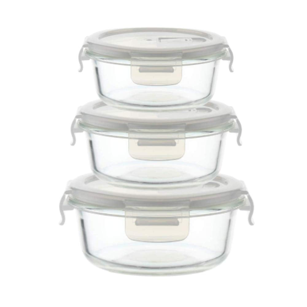Femora Borosilicate Glass Microwave Safe Round Food Storage Container with Air Vent Lid, 380ml, 580ml, 940ml, Set of 3, One Year
