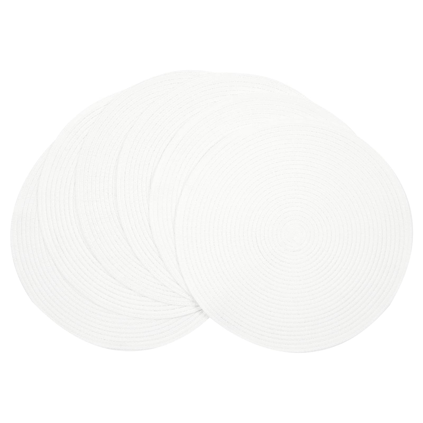 Shacos Round Braided Placemats Set Of 6 Round Table Mats For Dining Table 15 Inch Washable Cotton Polyester Place Mat (White, 6)