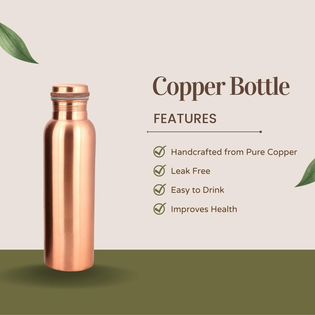 Perilla Home Plain Copper Water Bottle 34 Oz Leak Proof 100% Pure Ayurvedic Copper Vessel with Lid - Drink More Water and Enjoy Health Benefits Immediately/Yoga Bottle
