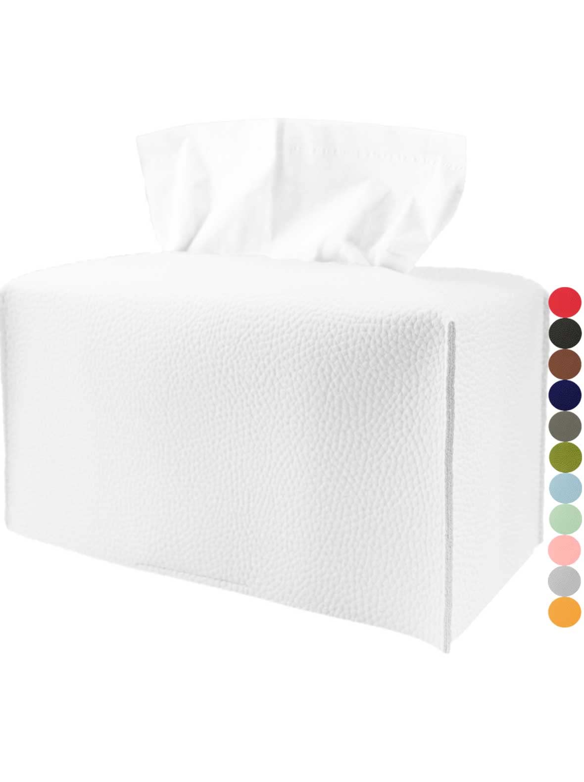 Leather Tissue Box Cover Rectangular - With Bottom Belt [Jesmini, White] Modern Pu Leather Long Rectangle Tissue Box Cover Decor