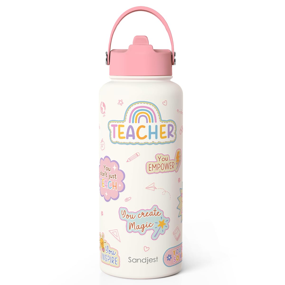SANDJEST Teacher Water Bottle Stainless Steel 32oz with Lid & Straw, Insulated Bottles Gifts for Women Friends Back To School Bi