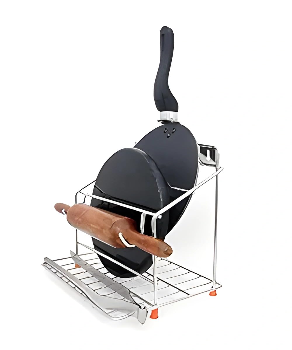 Nh10 Designs 4-In-1 Stainless Steel Chakla Belan Tawa Chimta Stand For Kitchen - Wall Mount Rack For Rolling Pin, Board, Tong Ho