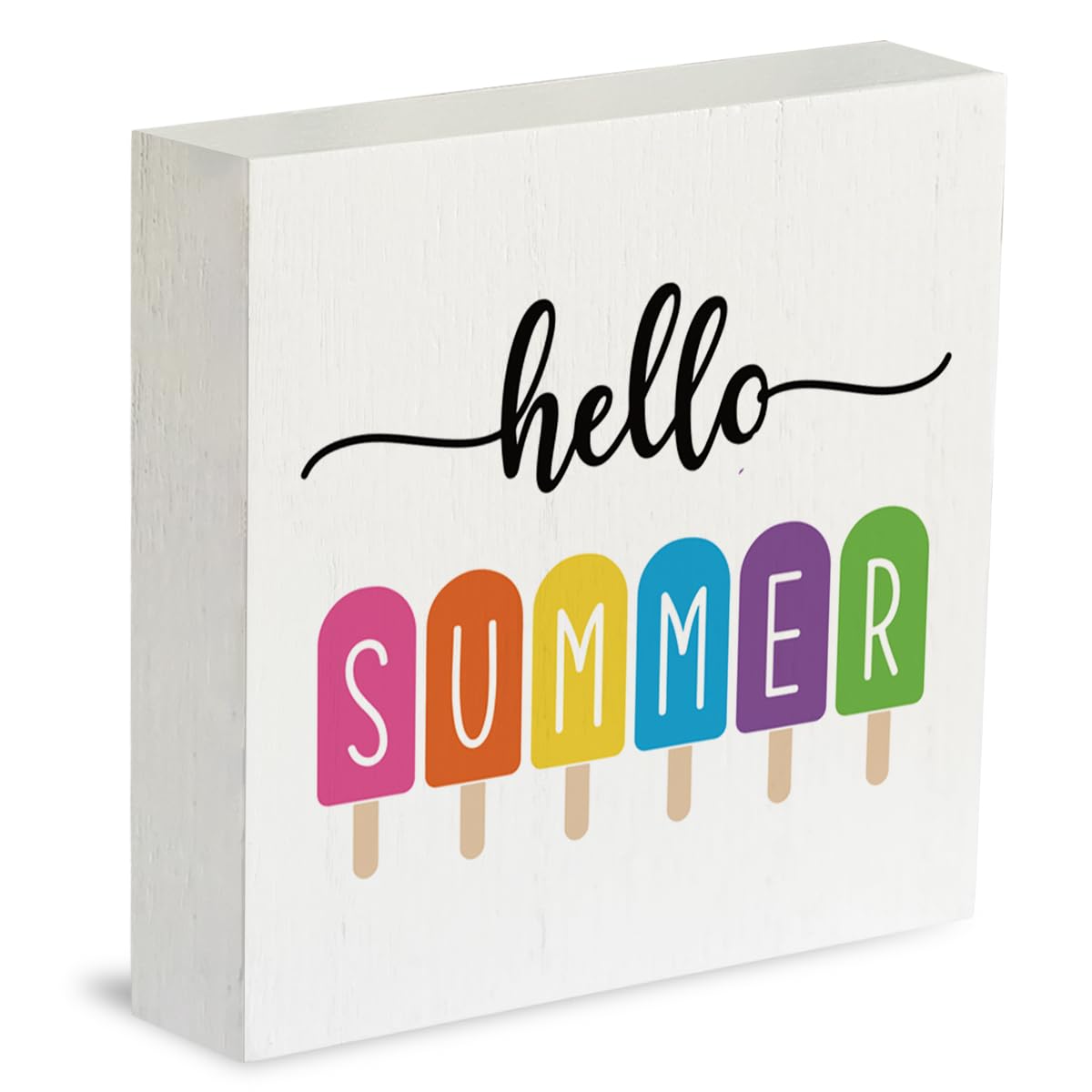 IYEZH Farmhouse Hello Summer Popsicles Wooden Box Sign Rustic Country Summer Box Sign Wood Sign Decor Summer Square Wood Sign Ho