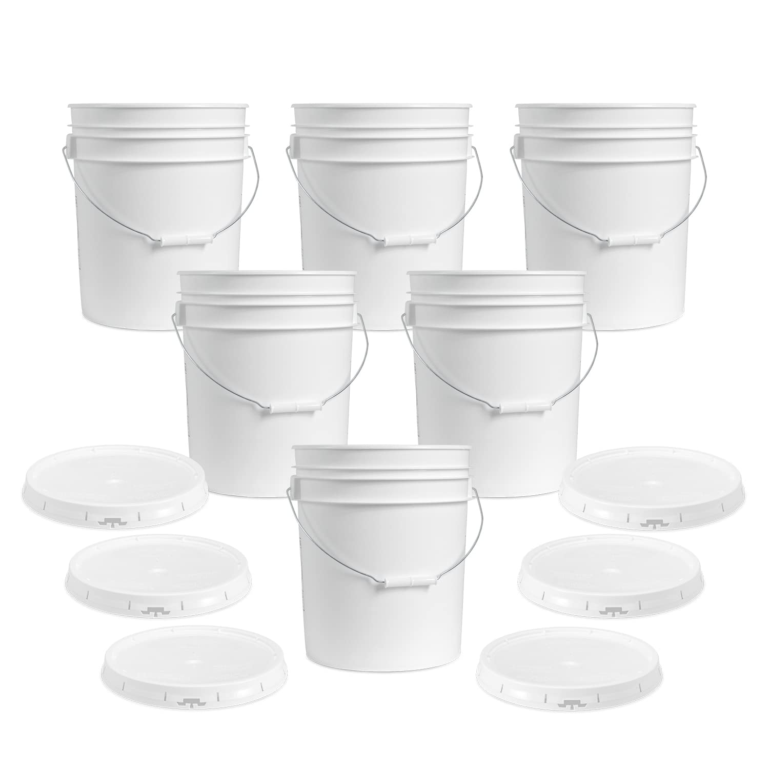 5 Gallon Food Grade White Plastic Bucket With Handle & Lid - Set Of 6