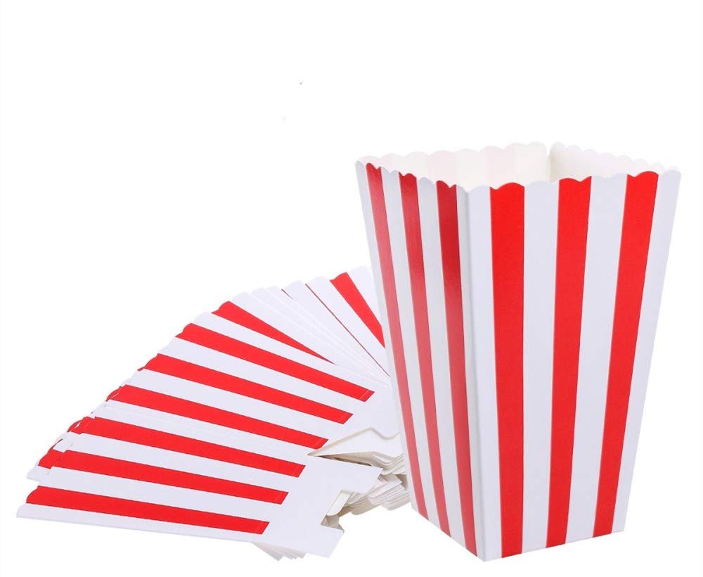 Red Striped Popcorn Boxes - Carnival Parties Mini Paper Popcorn And Candy Containers, Party Supplies For Movie Nights (Pack 24)