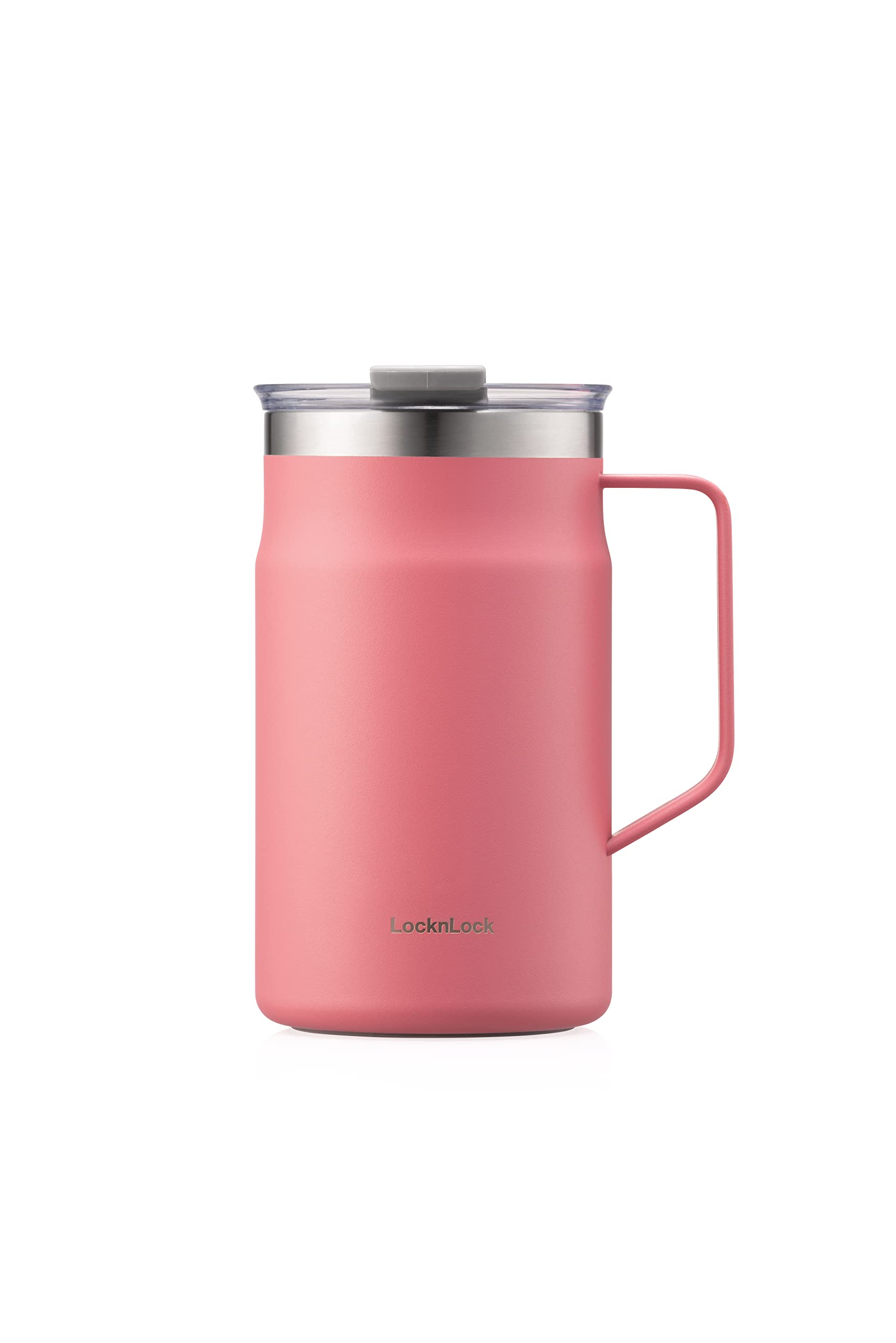 Locknlock Metro Mug Premium 18/8 Stainless Steel Double Wall Insulated With Handle Perfect For Table With Lid, Peach Red, 20 Oz