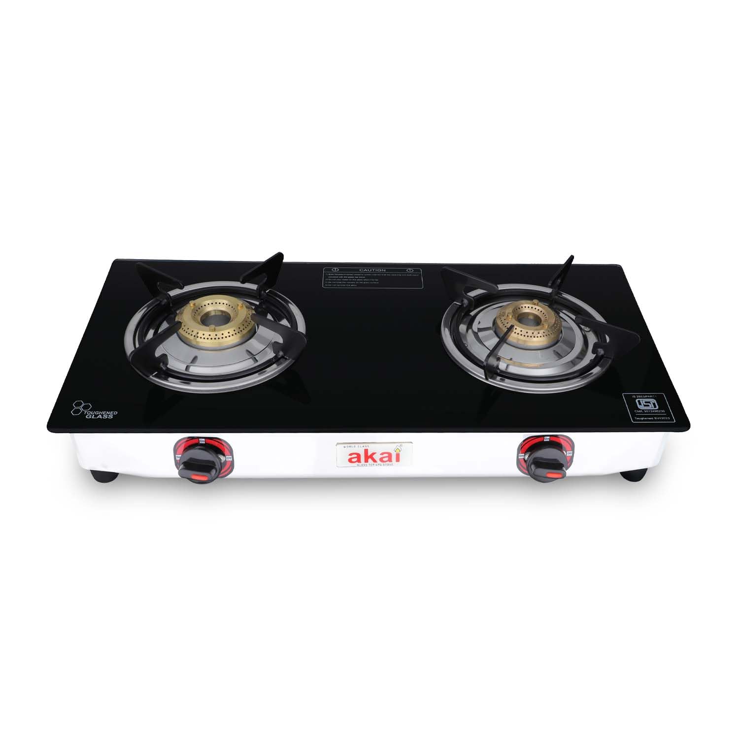 Akai Cute 2 Burner Gas Stove With Toughened Glass | TriPin Brass Burners | Manual Ignition | 360 Nozzle | HeavyDuty Ss Frame |
