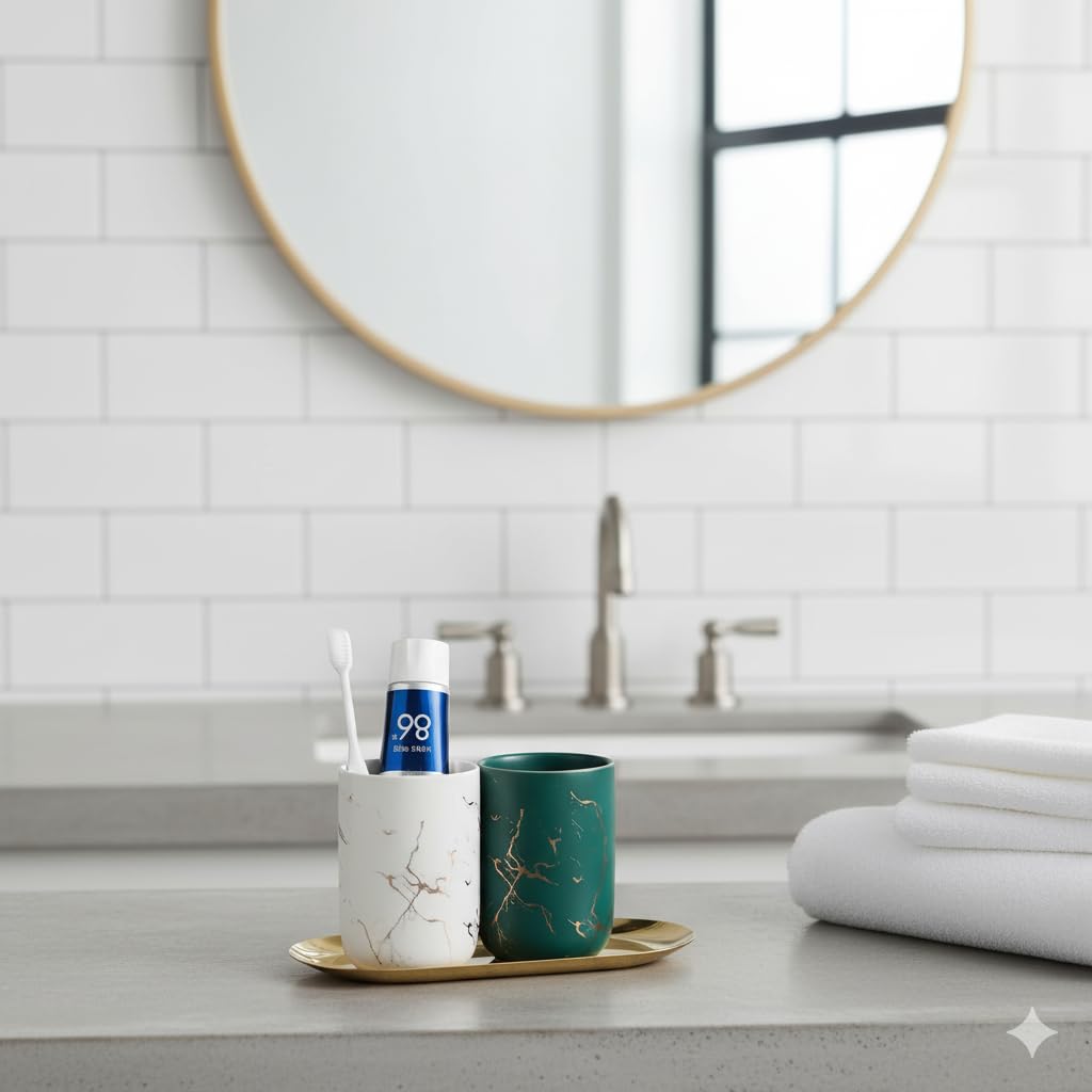 The Better Home 2Pcs Ceramic Toothbrush Holders With Metal Tray | Toothbrush Holder For Bathroom | Bathroom Accessories Items | 