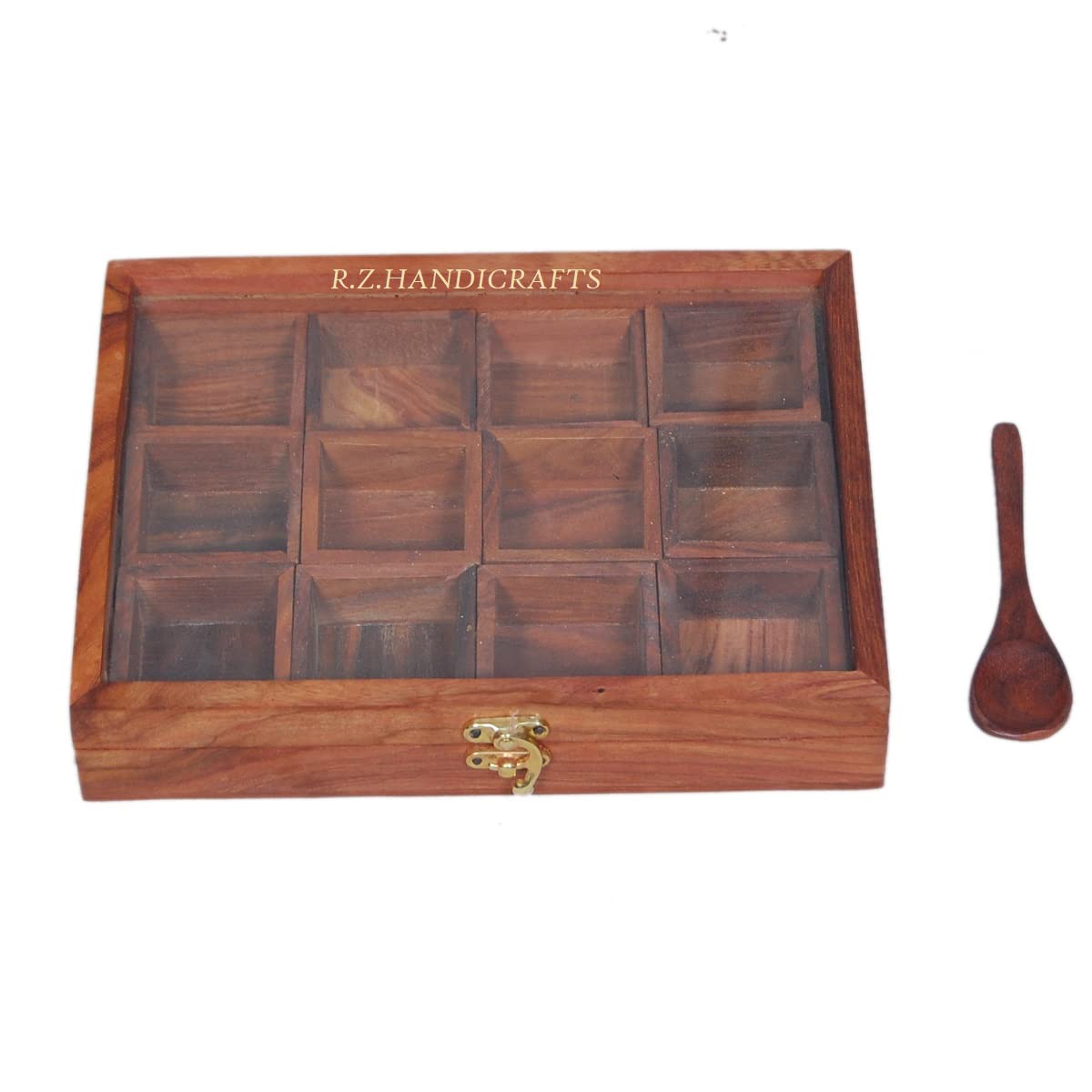 R.Z.Handicrafts Twelve Blends Wooden Spice Boxes 12 Containers Box With Spoon In Sheesham Wood Spice Jar For Kitchen Masala Box