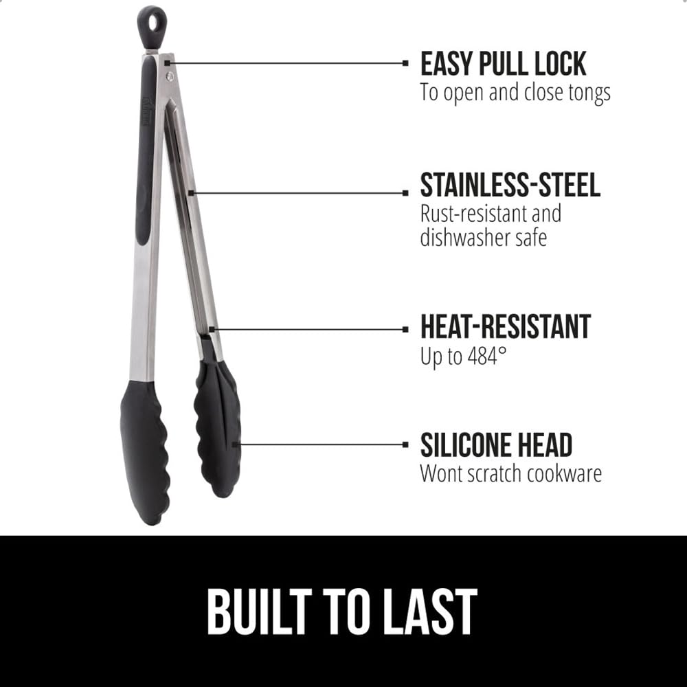 Gorilla Grip Stainless Steel Heat Resistant Bbq Kitchen Tongs Set Of 2, Non Scratch Silicone Tip For Nonstick Cooking Pans, Stro