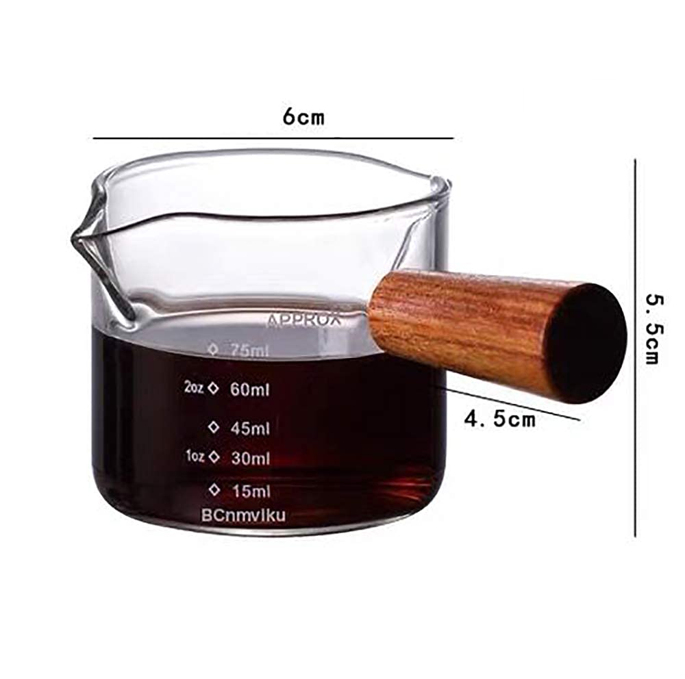 1 Pack Double Spouts Measuring Triple Pitcher Milk Cup With Wood Handle 75Ml Espresso Shot Glasses Parts Clear Glass By Bcnmviku