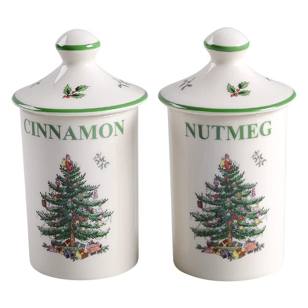 Spode Christmas Tree Spice Jars - Set of 2 Porcelain Jars for Cinnamon & Nutmeg, 4.5 Inch Seasoning Storage Jars, Beautiful Fest