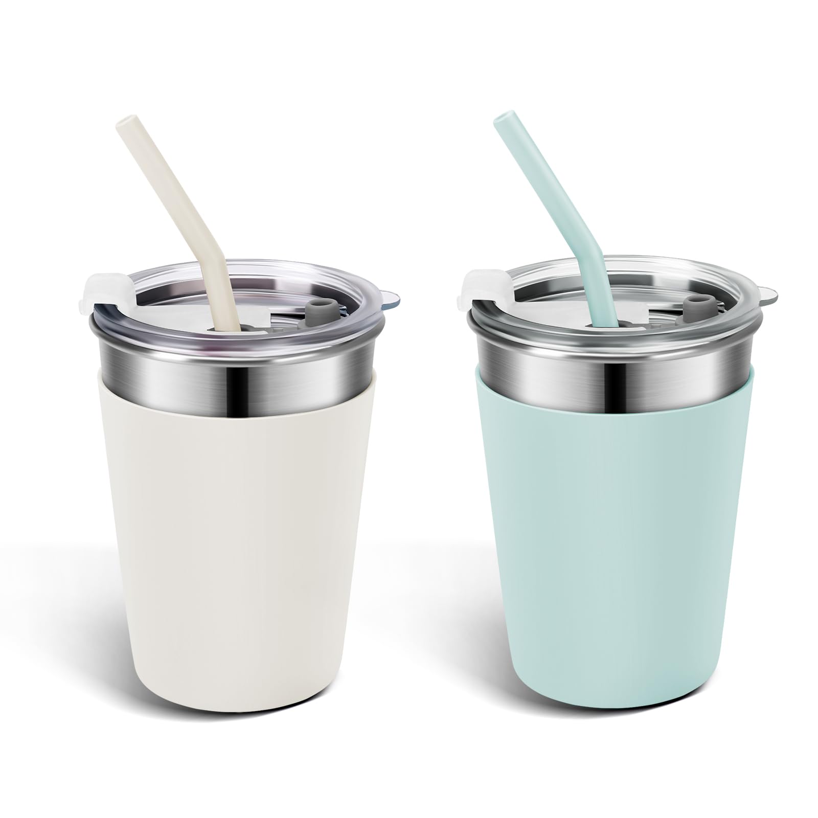 Ymmy Sam 2pcs Stainless Steel Cups with Silicone Straws, 12oz Spill-proof Tumblers Dishwasher Safe Unbreakable Metal Cups with H