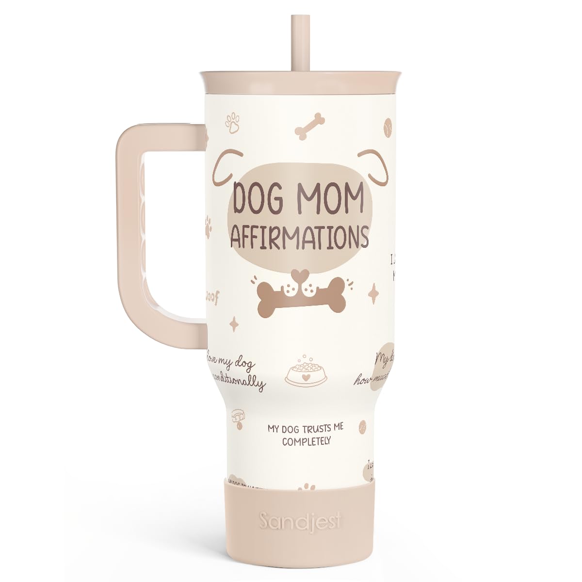 SANDJEST Dog Mom 40oz Tumbler With Handle and Straw, Dog Mom Affirmation Insulated Stainless Steel Travel Coffee Mug for Women G
