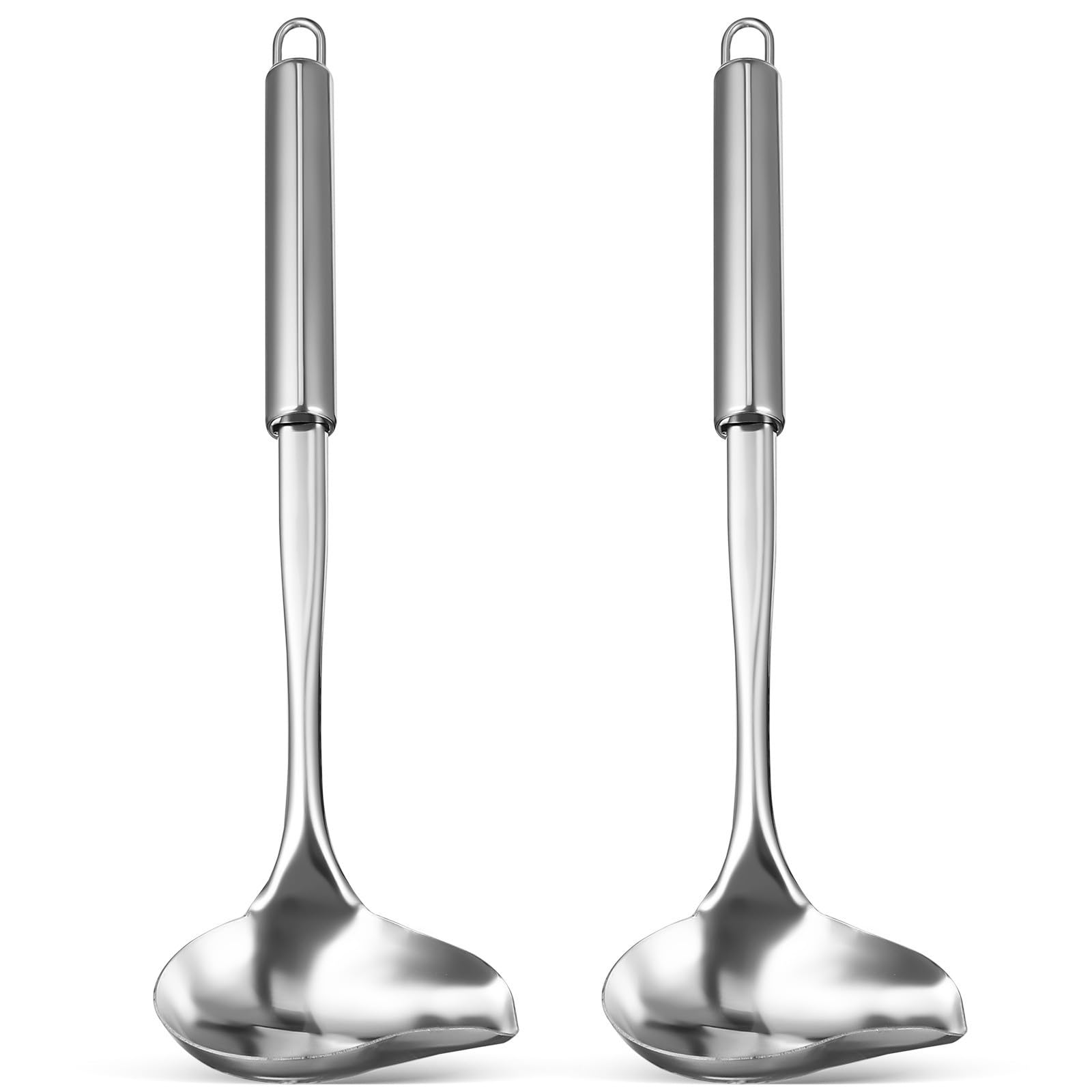 PATKAW Stainless Steel Sauce Ladles and Long Handle with Pouring Spout 2pcs for Easy Pouring and Hanging Storage, Kitchen Servin